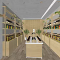 Minimalist Coffee Room Interior Featuring Wooden Shelves Bottled Products Green Plants And White Counter