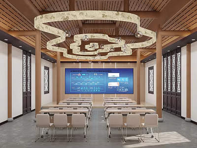 Traditional Chinese Style Conference Room With Wooden Ceiling Large Digital Screen And Carved Partitions 3d model