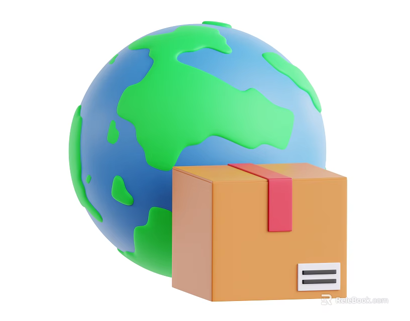Global Shipping Package Box With Red Tape Next To Green Blue Globe 3d model 