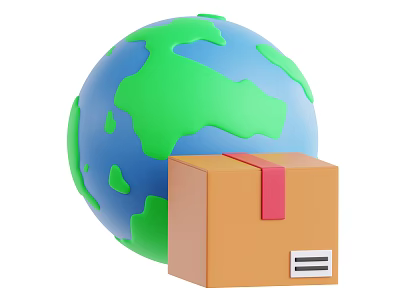Global Shipping Package Box With Red Tape Next To Green Blue Globe 3d model