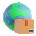 Global Shipping Package Box With Red Tape Next To Green Blue Globe