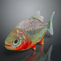 Colorful Piranha Fish With Large Eyes Sharp Teeth And Shiny Iridescent Body On Dark Background