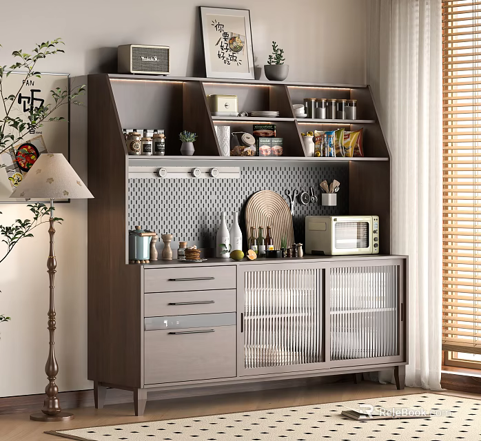 Modern Wooden Sideboard with Open Shelves Drawers Lattice Doors and Microwave in Dining Space 3d model 