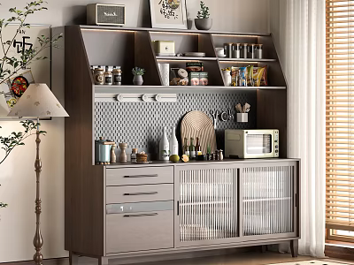Modern Wooden Sideboard with Open Shelves Drawers Lattice Doors and Microwave in Dining Space 3d model