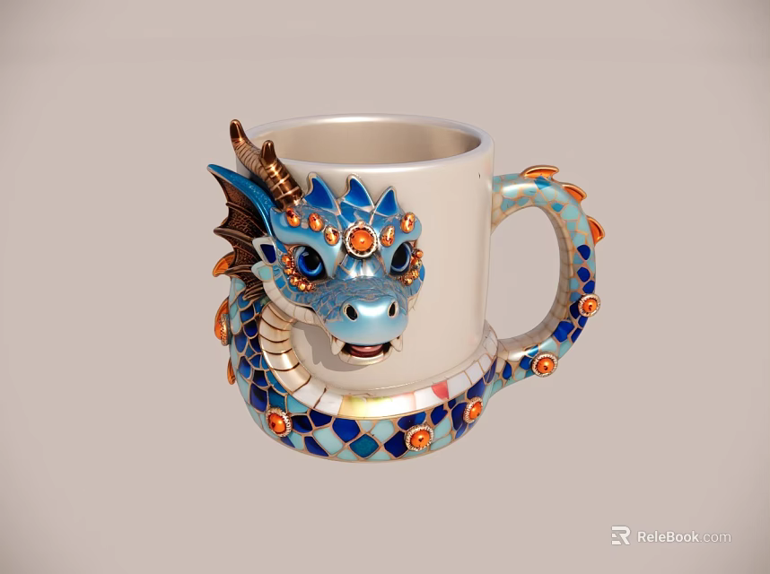White Dragon Head Decorated Mug With Blue Orange Gold Intricate Patterns And Ornate Design 3d model 