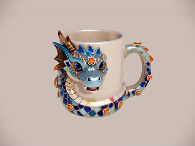 White Dragon Head Decorated Mug With Blue Orange Gold Intricate Patterns And Ornate Design 3d model