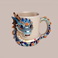 White Dragon Head Decorated Mug With Blue Orange Gold Intricate Patterns And Ornate Design