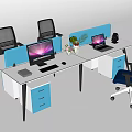 Modern Office Desk With Blue Dividers Computers Drawer Cabinets And Office Chairs