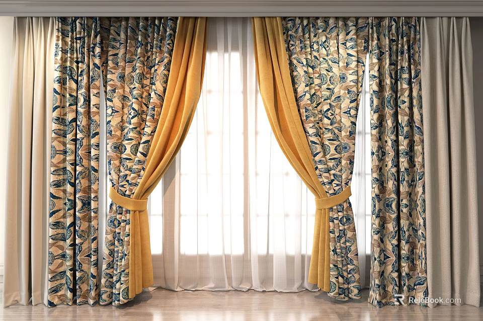 Elegant Floral Pattern Yellow Curtains With Sheer Layers For Living Room Windows 3d model 