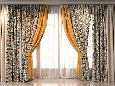 Elegant Floral Pattern Yellow Curtains With Sheer Layers For Living Room Windows 3d model
