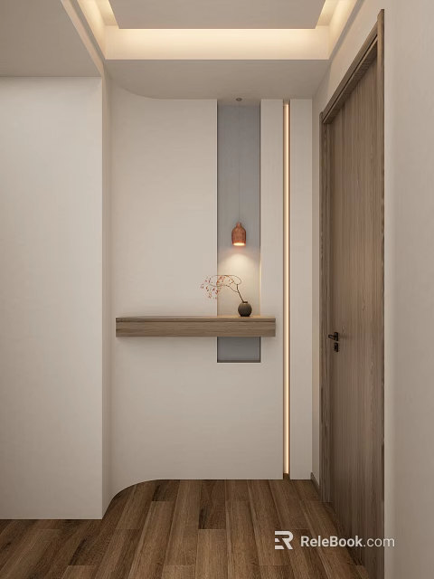 Minimalist Foyer Hallway Design With Wooden Shelf Decorative Ornaments And Warm Lighting 3d model 