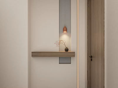 Minimalist Foyer Hallway Design With Wooden Shelf Decorative Ornaments And Warm Lighting 3d model