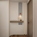 Minimalist Foyer Hallway Design With Wooden Shelf Decorative Ornaments And Warm Lighting