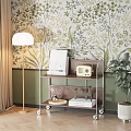 Indoor Rolling Storage Shelf With Green Floral Wallpaper Plants Books Radio And Floor Lamp