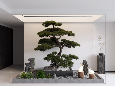 Pine tree green plant landscape sketch stone rabbit lighting pottery pot water flow 3d model