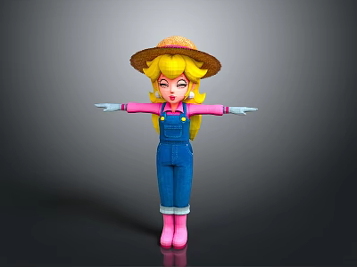 3D Cartoon Character Model With Straw Hat Blonde Hair Blue Overalls And Pink Boots 3d model
