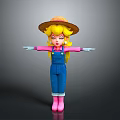 3D Cartoon Character Model With Straw Hat Blonde Hair Blue Overalls And Pink Boots