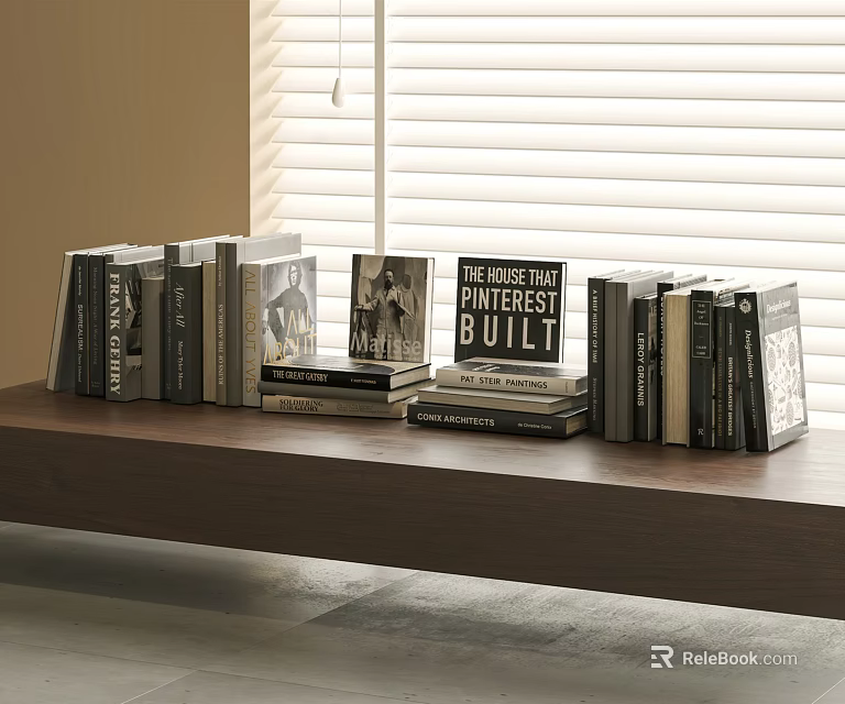 Books On Wooden Shelf With The Simple Things Pinterest Built Stacked And Upright Arrangement 3d model 