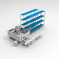 Industrial Equipment Setup with Large Machinery Blue Metal Shelves and Workbench
