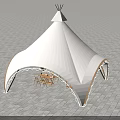 Outdoor White Tent Structure With Decorative Arch And Dining Tables Chairs On Stone Pavement
