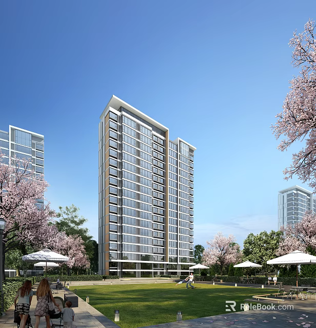 Modern High Rise Residential Building With Cherry Blossom Trees And Outdoor Seating Areas 3d model 