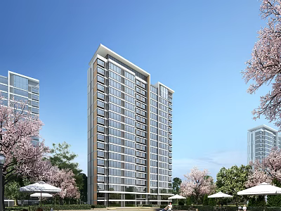 Modern High Rise Residential Building With Cherry Blossom Trees And Outdoor Seating Areas 3d model