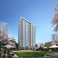 Modern High Rise Residential Building With Cherry Blossom Trees And Outdoor Seating Areas