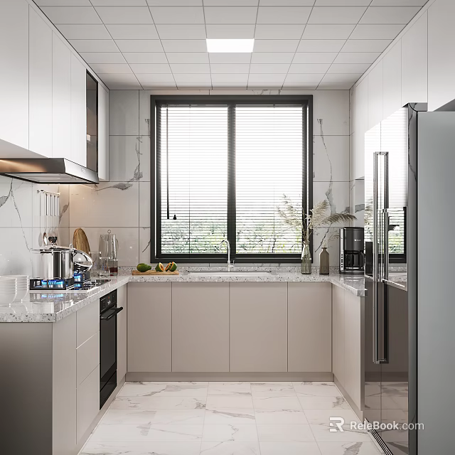 Modern Kitchen Interior With White Cabinets Marble Countertops Double Windows And Blinds 3d model 