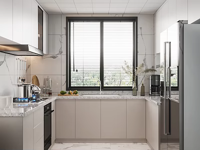 Modern Kitchen Interior With White Cabinets Marble Countertops Double Windows And Blinds 3d model