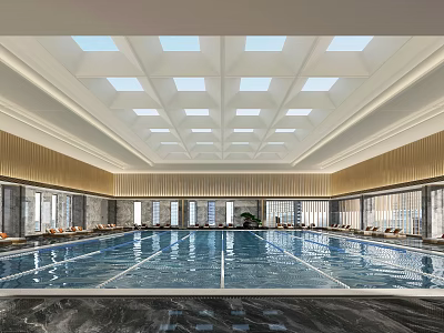 Spacious Elegant Indoor Swimming Pool With Skylight Ceiling Lounge Chairs And Large Windows 3d model