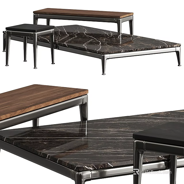 Elegant Modern Coffee Table Design With Marble Top Wooden Surface And Metal Legs 3d model 