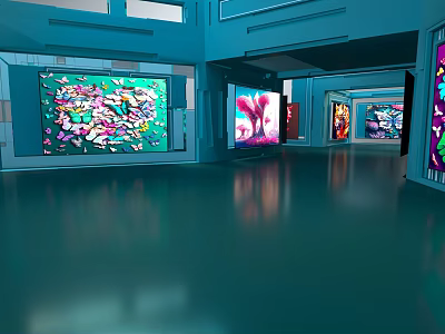 Spacious Digital Art Exhibition Hall With Large Screens Displaying Colorful Images On Shiny Dark Floors 3d model