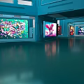 Spacious Digital Art Exhibition Hall With Large Screens Displaying Colorful Images On Shiny Dark Floors