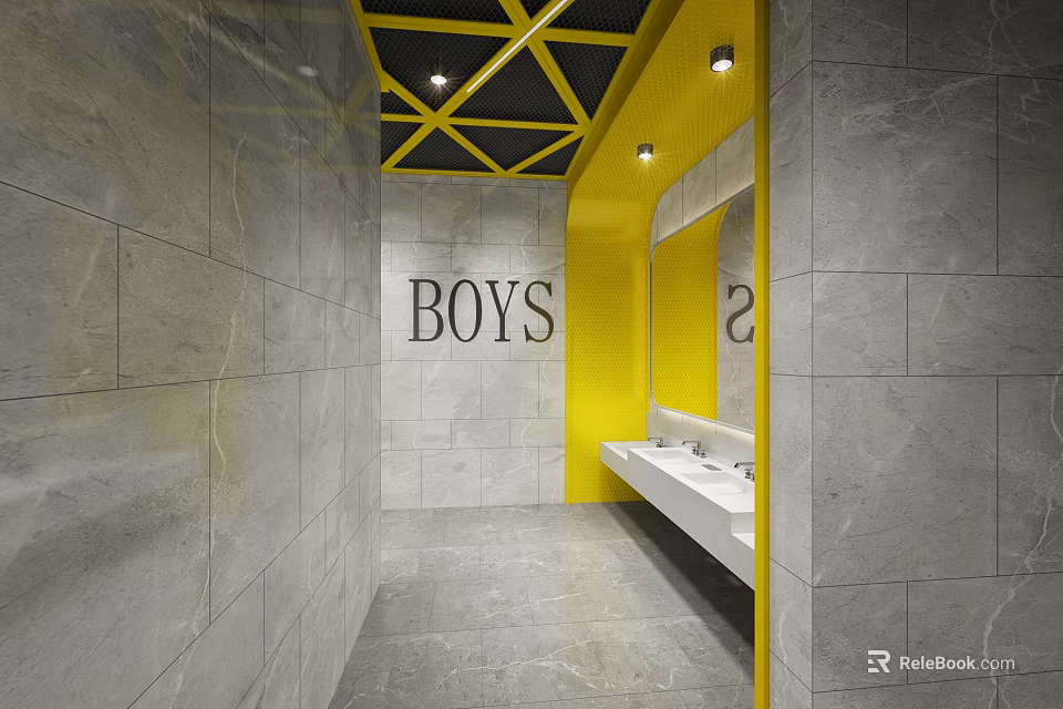 Boys Public Toilet With Gray Marble Walls Yellow Accents Washbasins And Mirrors 3d model 