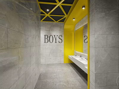 Boys Public Toilet With Gray Marble Walls Yellow Accents Washbasins And Mirrors 3d model