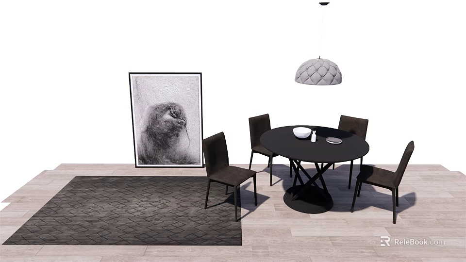 Black Round Dining Table Set With Four Chairs Gray Pendant Light And Dark Rug 3d model 