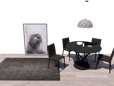 Black Round Dining Table Set With Four Chairs Gray Pendant Light And Dark Rug 3d model
