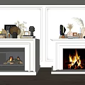 Two Black And Burning Fireplaces With Decorative Mantels Against White Paneled Walls Dark Columns