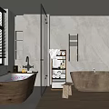 Modern Bathroom Interior With Wooden Bathtub Marble Wall Open Shower And Wooden Floor