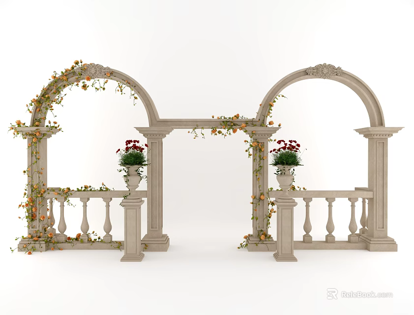 Decorative Pergola with Arched Design Ornamental Vines Flower Pots and Railings 3d model 