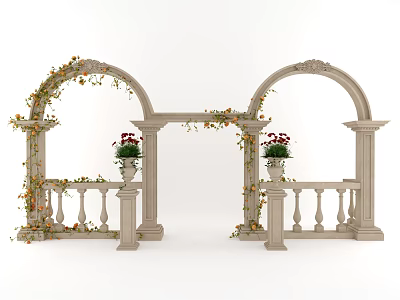 Decorative Pergola with Arched Design Ornamental Vines Flower Pots and Railings 3d model