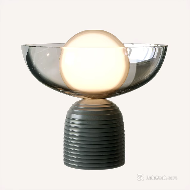 Modern Table Lamp with Transparent Glass Bowl and Glowing Sphere on Gray Striped Base 3d model 