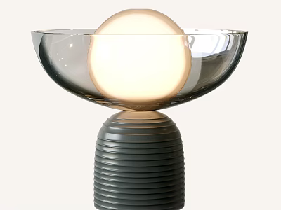 Modern Table Lamp with Transparent Glass Bowl and Glowing Sphere on Gray Striped Base 3d model