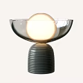 Modern Table Lamp with Transparent Glass Bowl and Glowing Sphere on Gray Striped Base