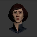 3D Woman Head Model with Short Brown Hair Blue High Neck Coat Gray Background
