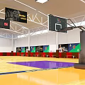 Indoor Modern Basketball Gym With Colorful Floor Bleachers And Ceiling Lights