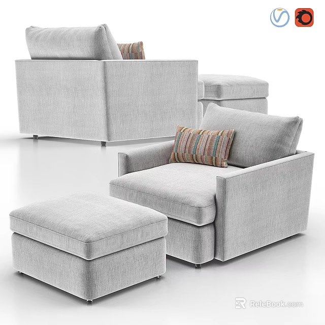 Light Gray Upholstered Lounge Chair With Matching Ottoman And Striped Decorative Pillow 3d model 