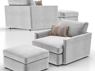 Light Gray Upholstered Lounge Chair With Matching Ottoman And Striped Decorative Pillow 3d model