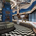 Luxurious Restaurant Interior With Blue Columns And Herringbone Floor Design 3d model