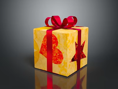 Yellow Decorative Gift Box With Red Ribbon Bow And Heart Star Patterns 3d model
